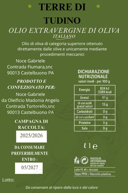 Olio Extravergine di Oliva Siciliano 1 l - Terre di Tudino Castelbuono